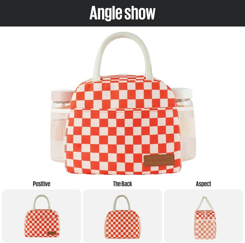 douyadady Lunch Bag Women/Men Lunch Box Women/Men (Red+Beige Checkerboard) - Image 5